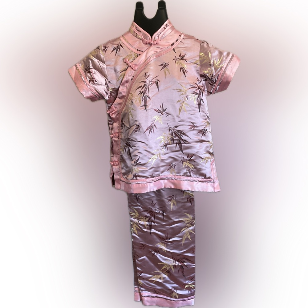Pink Floral Stitched Satin Chinese Pajama Set